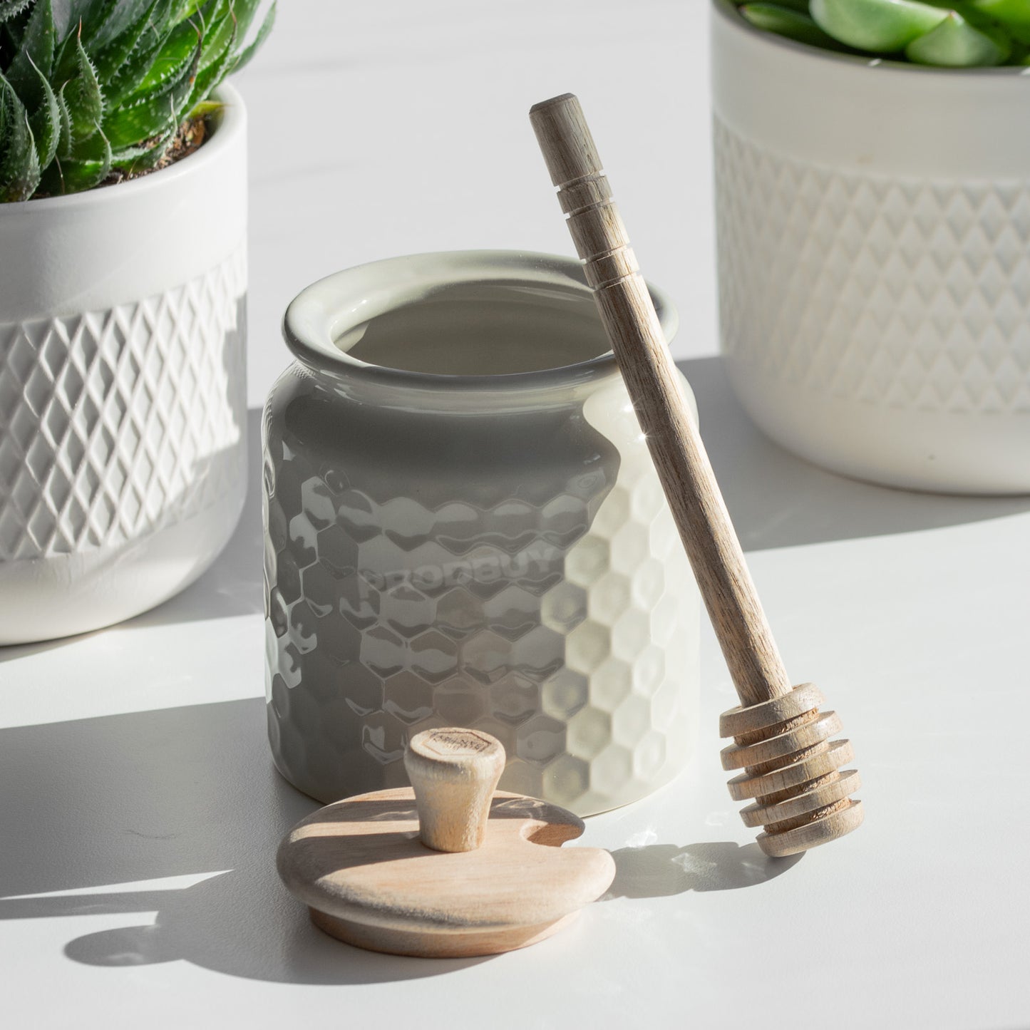 Honeycomb Honey Pot with Wooden Lid and Dipper