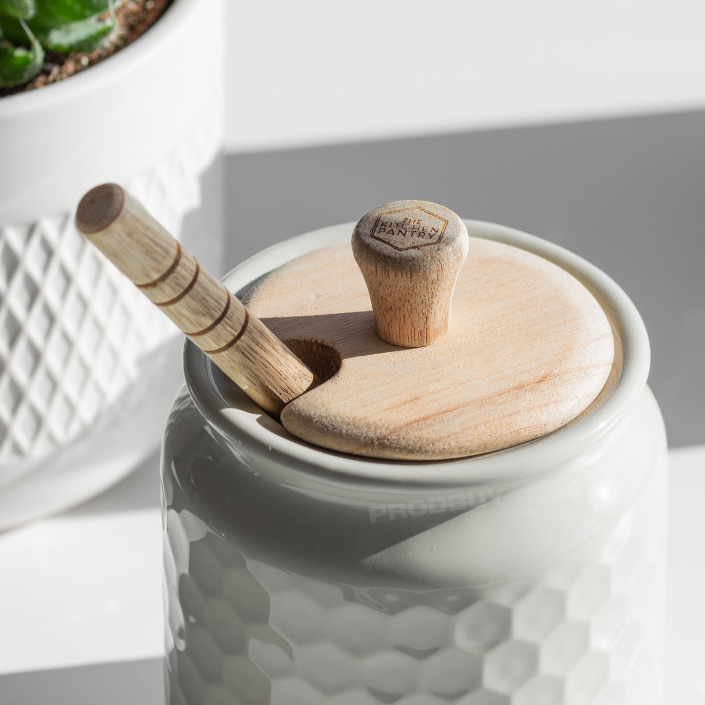 Honeycomb Honey Pot with Wooden Lid and Dipper