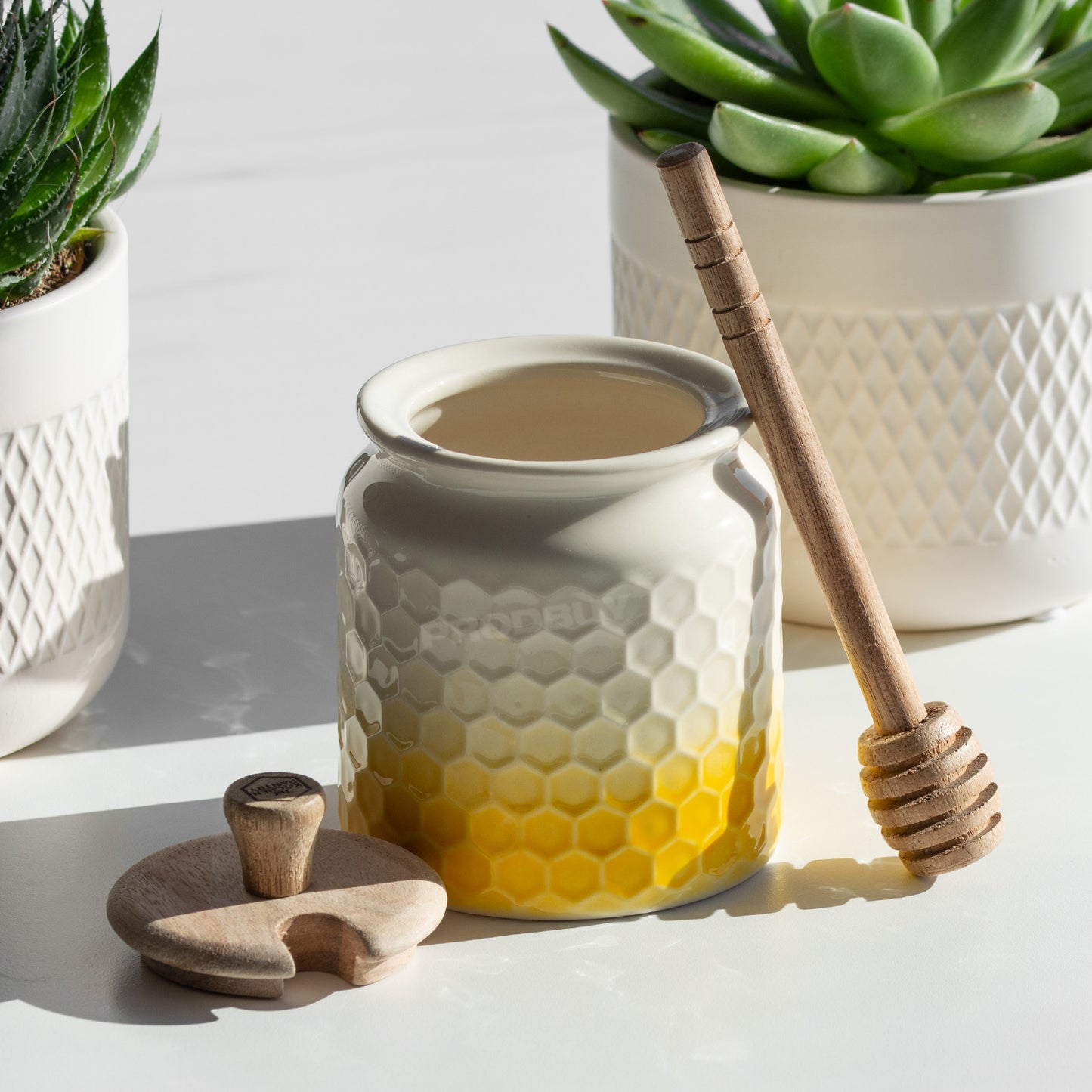 Honeycomb Honey Pot with Wooden Lid and Dipper