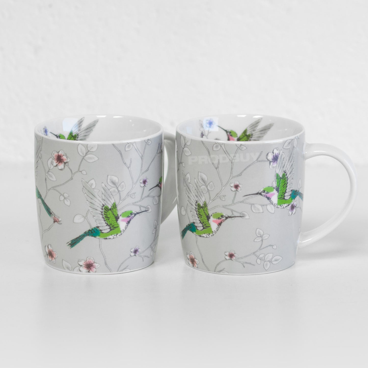 Set of 2 Grey Floral Hummingbird Coffee Mugs