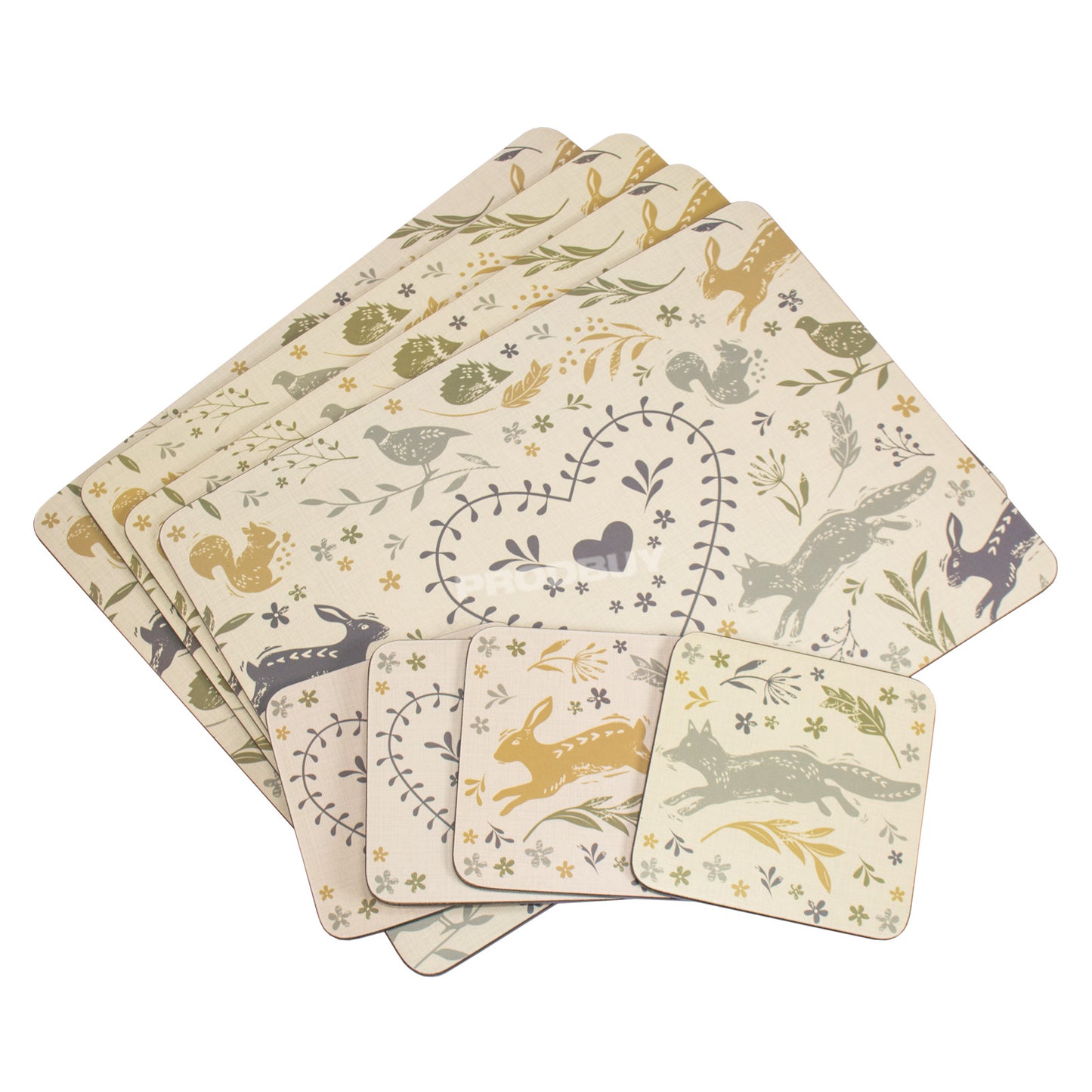 Set of Woodland Animals 4 Placemats & 4 Coasters