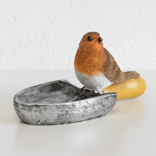 Robin on Shovel Resin Bird Feeder Garden Ornament