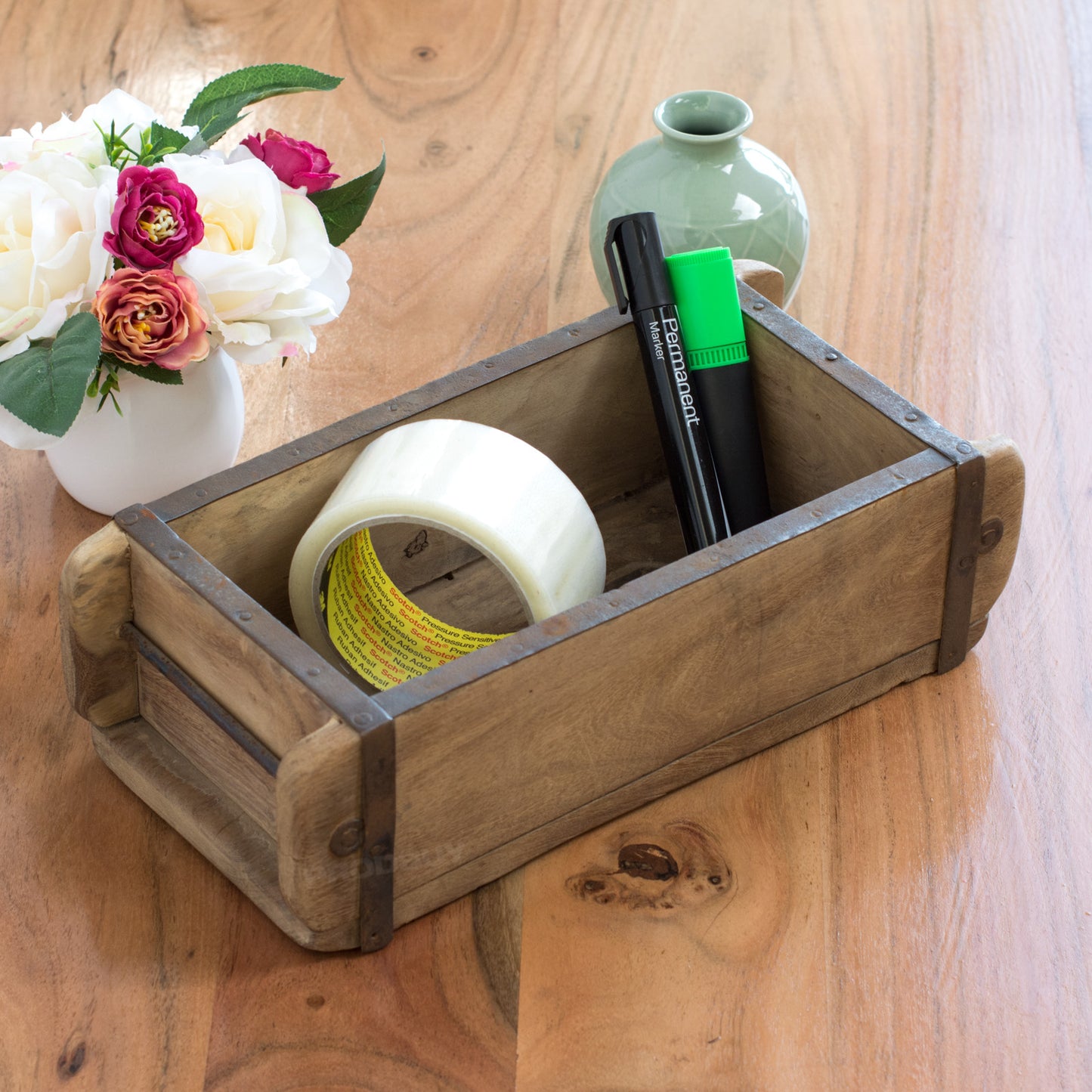 Vintage Style Wood & Metal Brick Mould Storage Display Box Tray