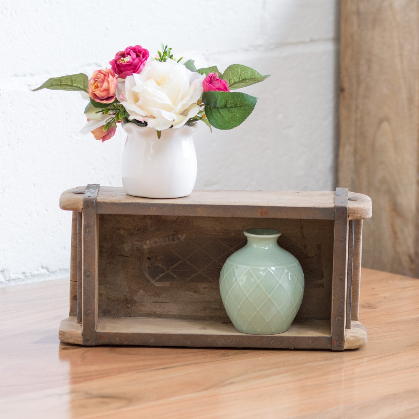 Vintage Style Wood & Metal Brick Mould Storage Display Box Tray