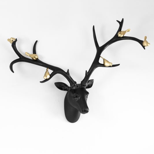 Black Stag Head Wall Decoration with Gold Birds on Antlers