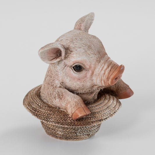 Small 14cm Pig in Straw Hat Garden Ornament
