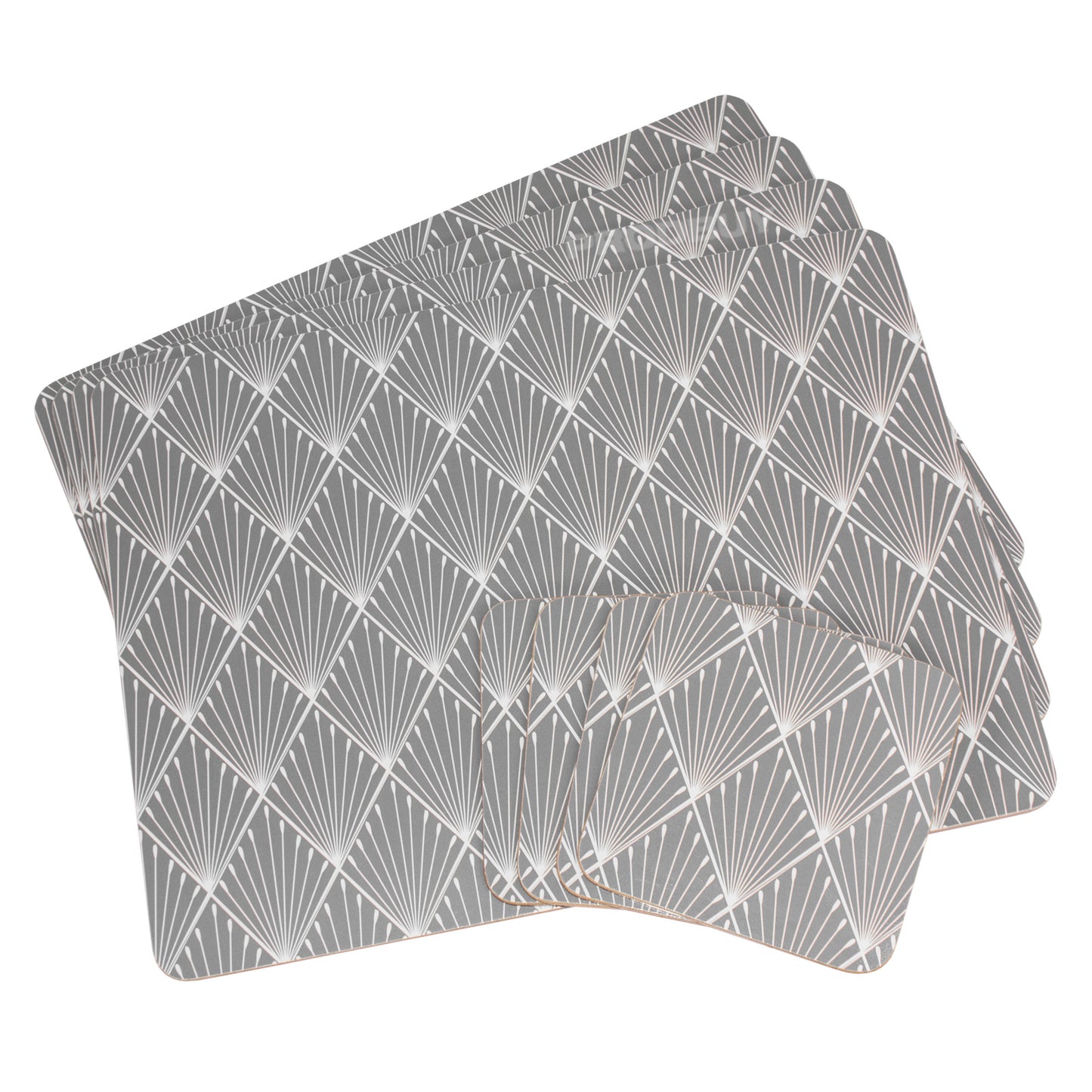 Set of 4 Placemats and Drinks Coasters Grey Geometric Art Deco Pattern Dining Table Place Settings
