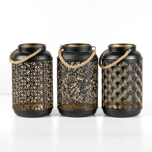 24cm Black & Gold Metal Hanging Lantern Pillar Candle Holder