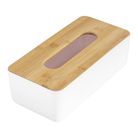 White Plastic Tissue Box Cover with Bamboo Lid
