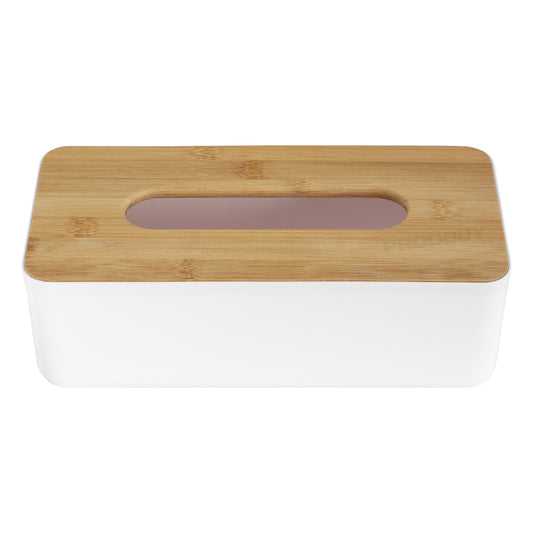 White Plastic Tissue Box Cover with Bamboo Lid