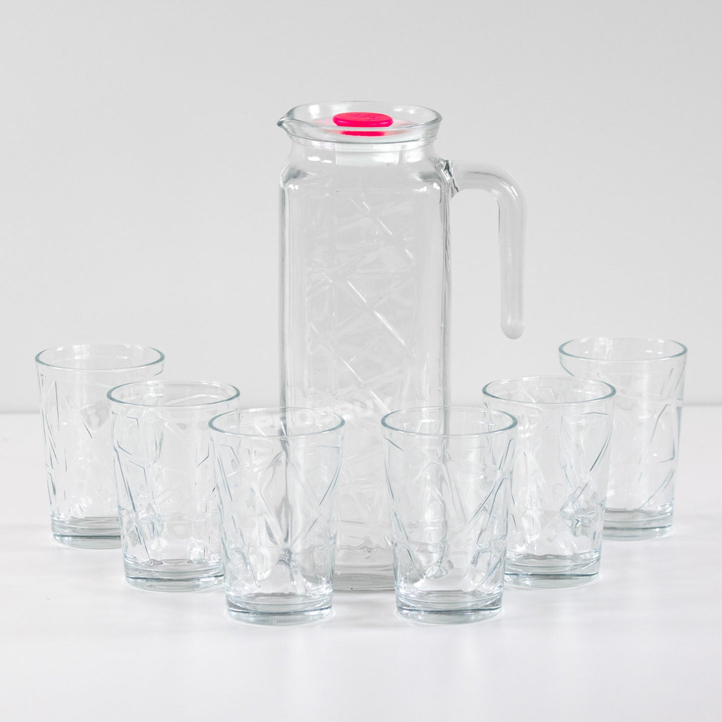 7 Piece Fridge Jug with Tumbler Glasses Set - Embossed Geometric Pattern