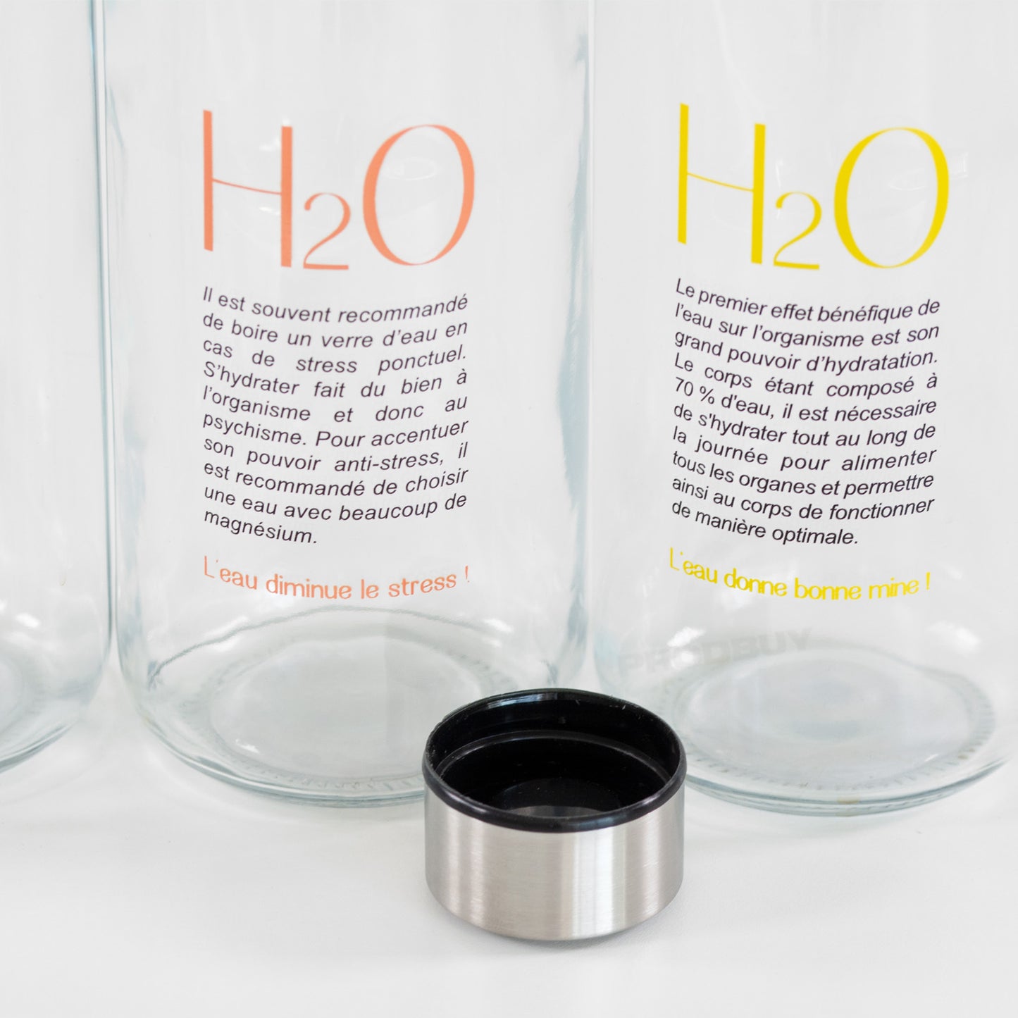 1 Litre Large H20 'French Text' Glass Water Drinks Bottle Screw on Lid