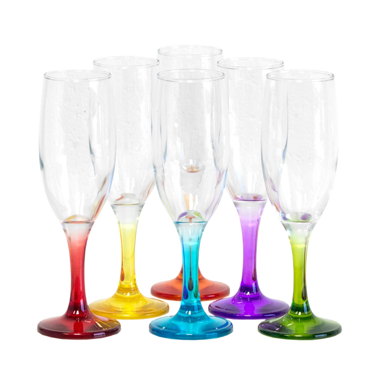 Set of 6 Champagne Flute 190ml Glasses with Colour Stems
