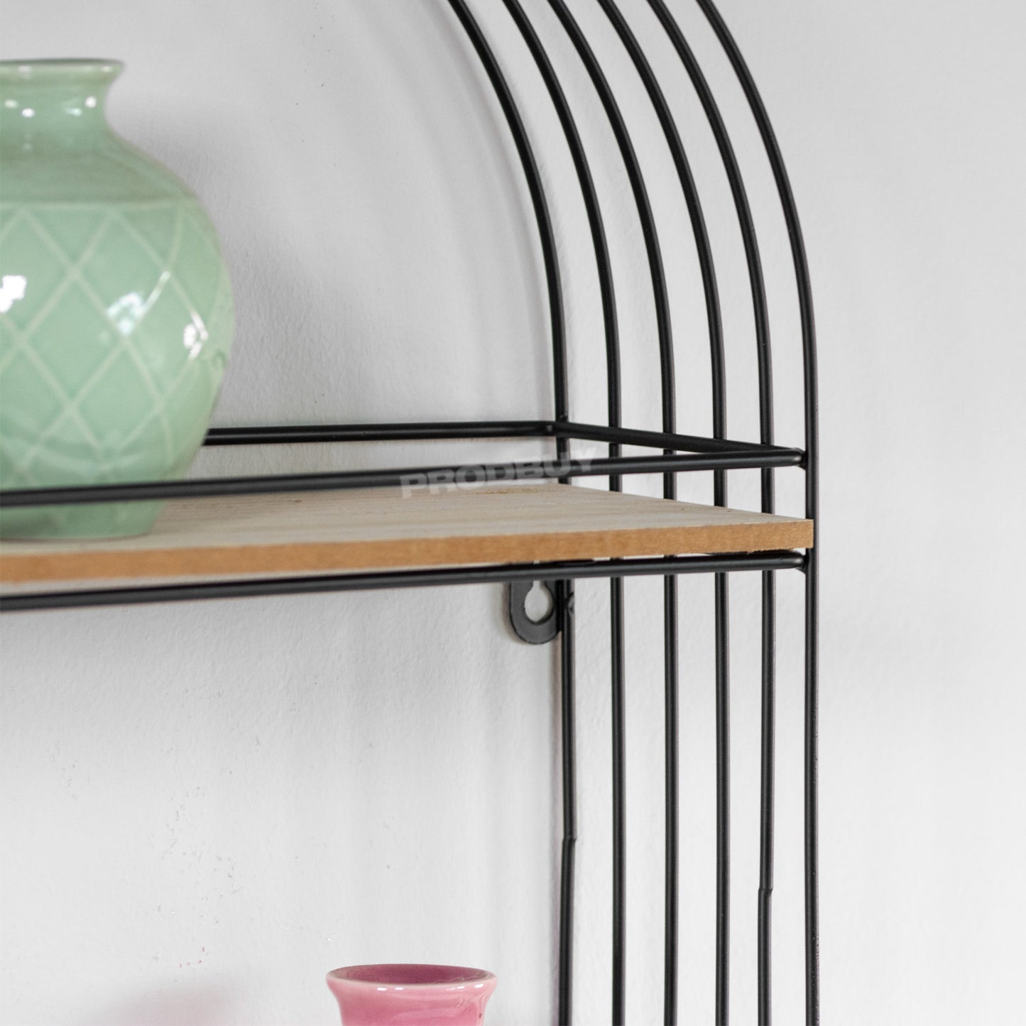 51cm Floating Black Metal Wire Wooden Shelves Wall Storage Unit