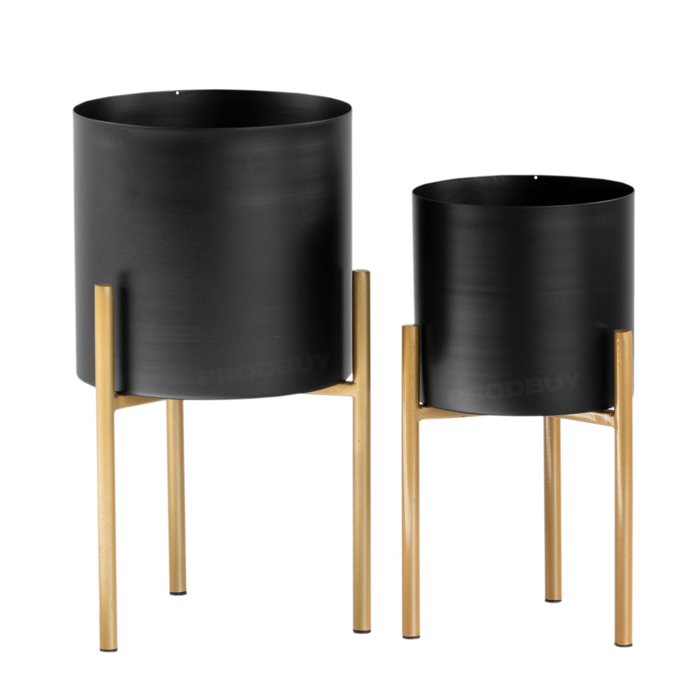 Set of 2 x Black Metal Plant Pot Covers with Golden Brown Metal Stands