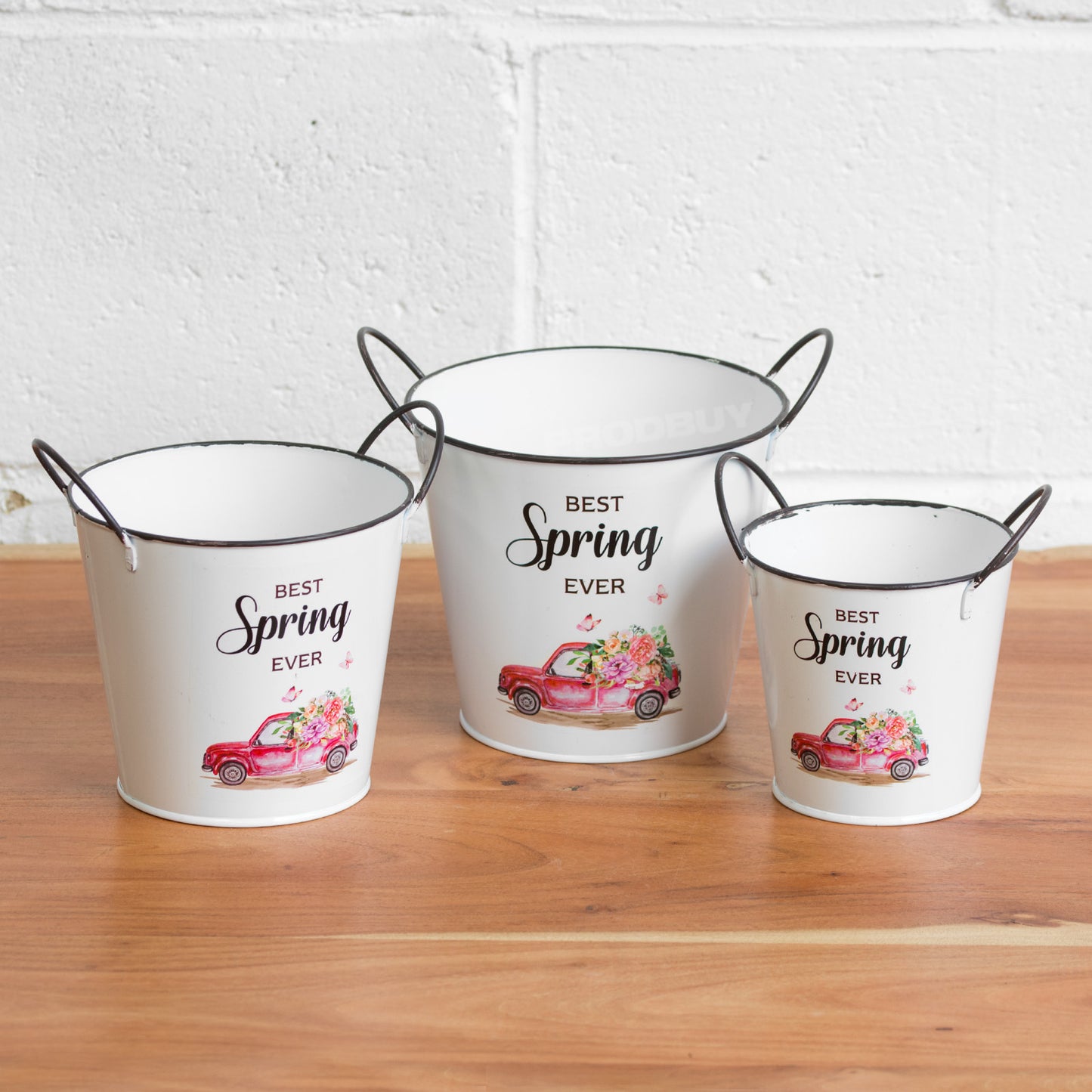 Set of 3 'Best Spring Ever' White Metal Garden Planters