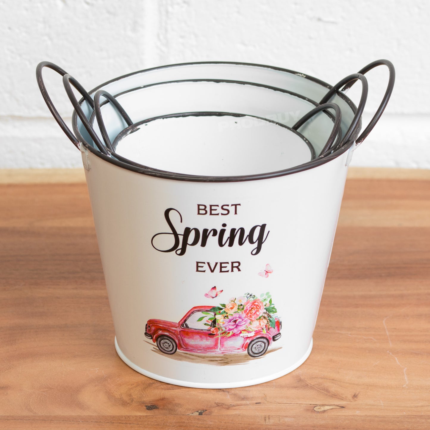 Set of 3 'Best Spring Ever' White Metal Garden Planters