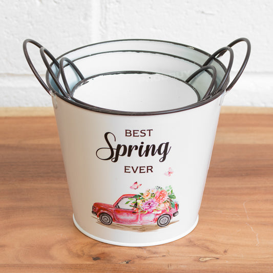 Set of 3 'Best Spring Ever' White Metal Garden Planters