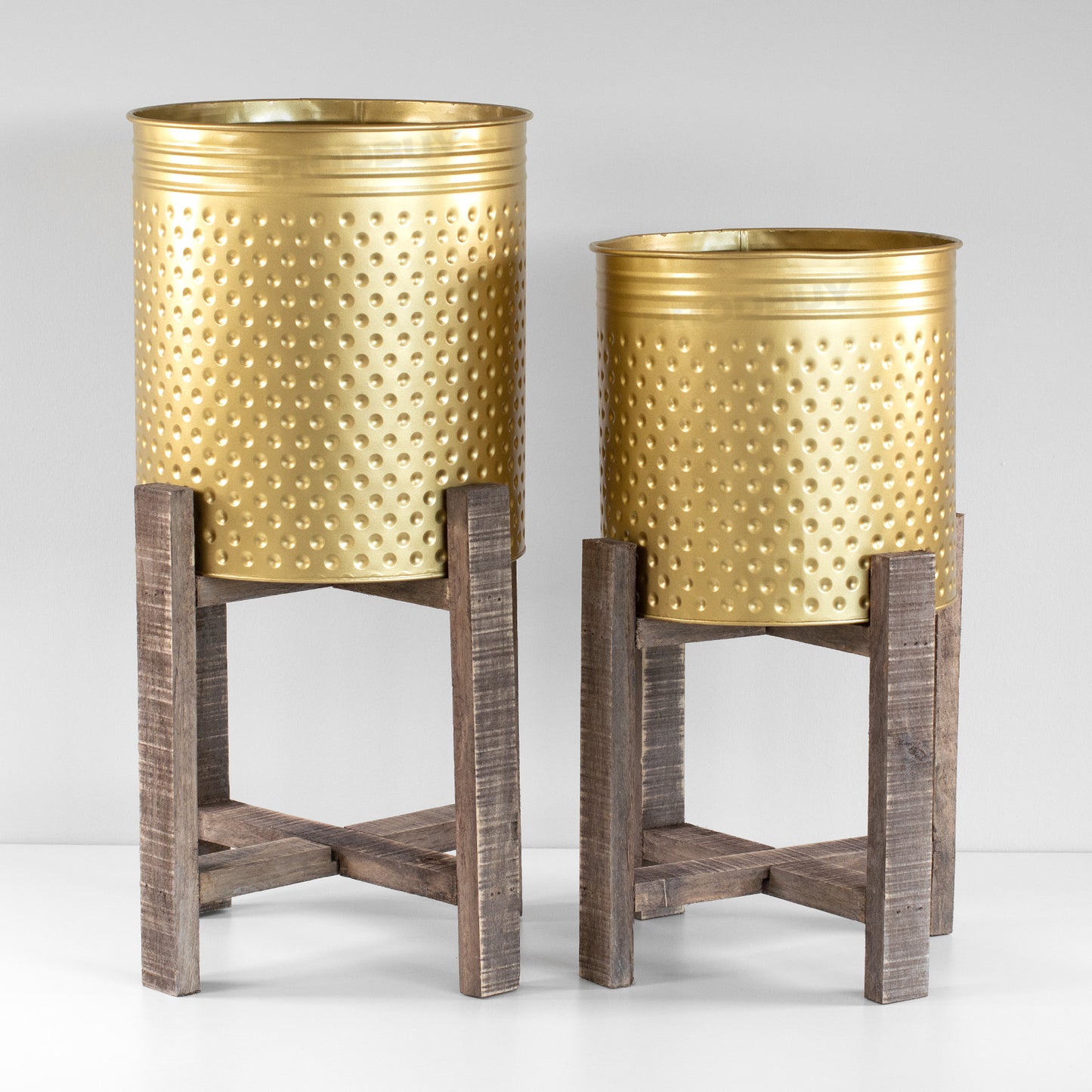 Floor Standing Metal Plant Pot Cover with Wooden Stand