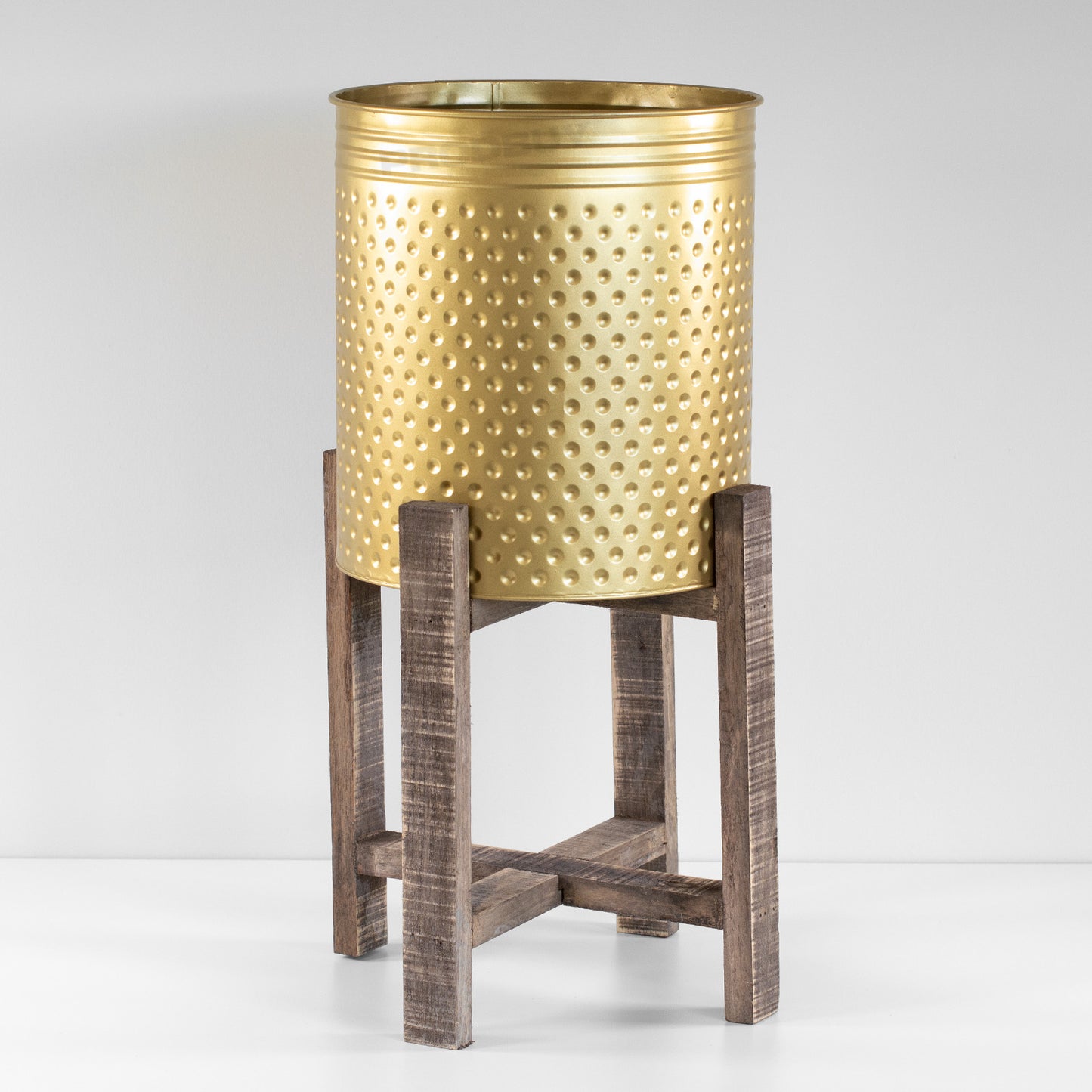 Floor Standing Metal Plant Pot Cover with Wooden Stand
