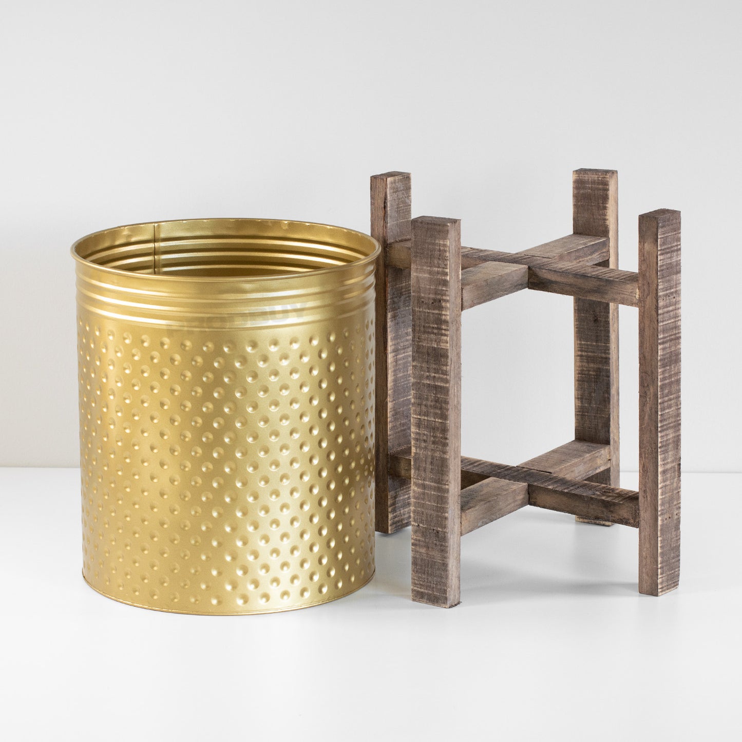 Floor Standing Metal Plant Pot Cover with Wooden Stand
