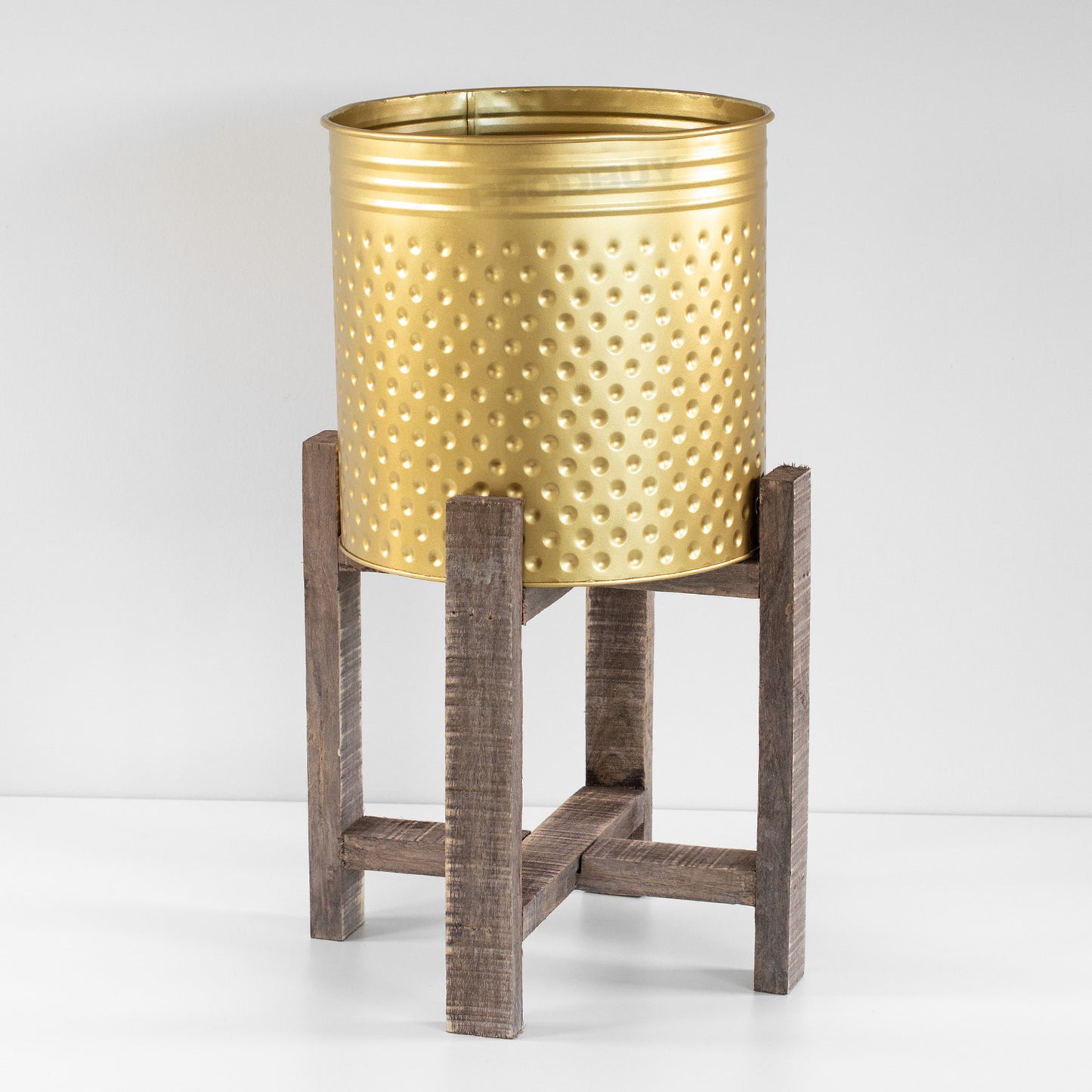 Floor Standing Metal Plant Pot Cover with Wooden Stand