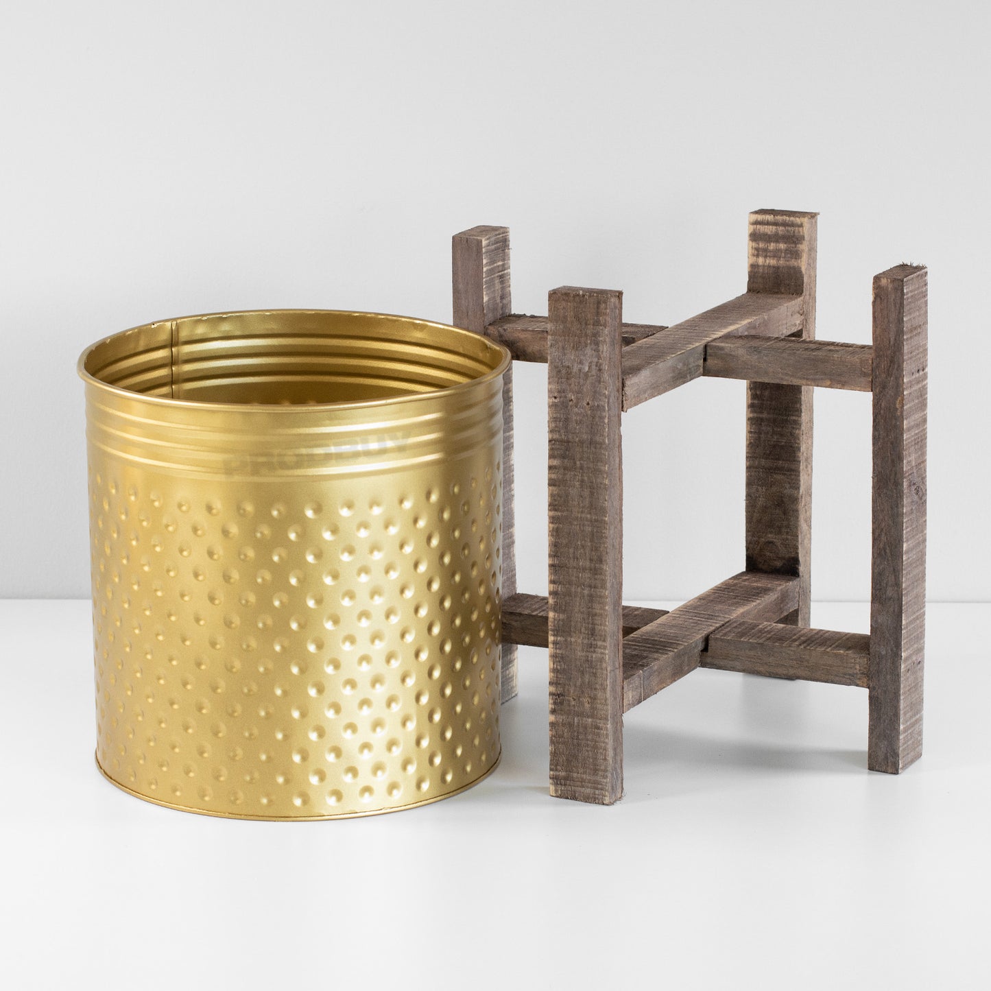 Floor Standing Metal Plant Pot Cover with Wooden Stand