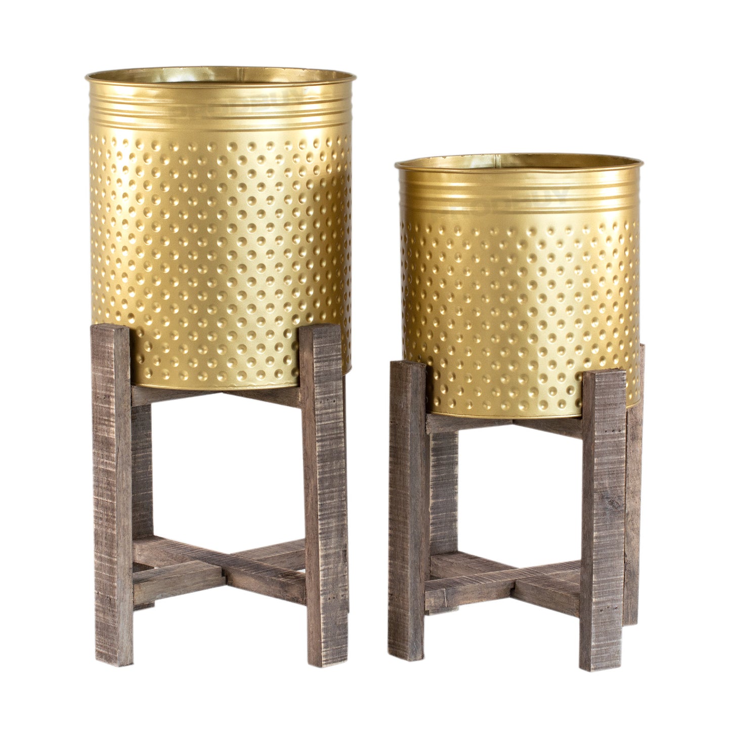 Floor Standing Metal Plant Pot Cover with Wooden Stand