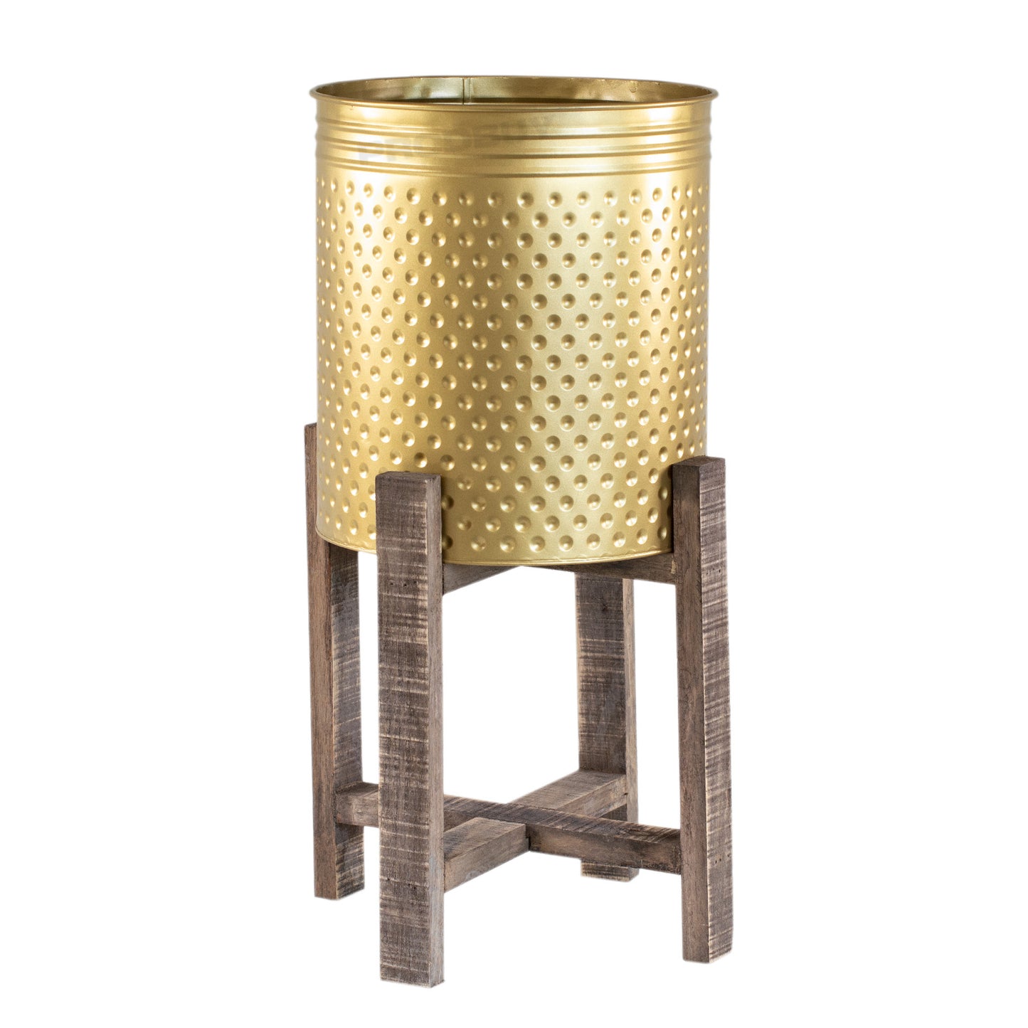 Floor Standing Metal Plant Pot Cover with Wooden Stand