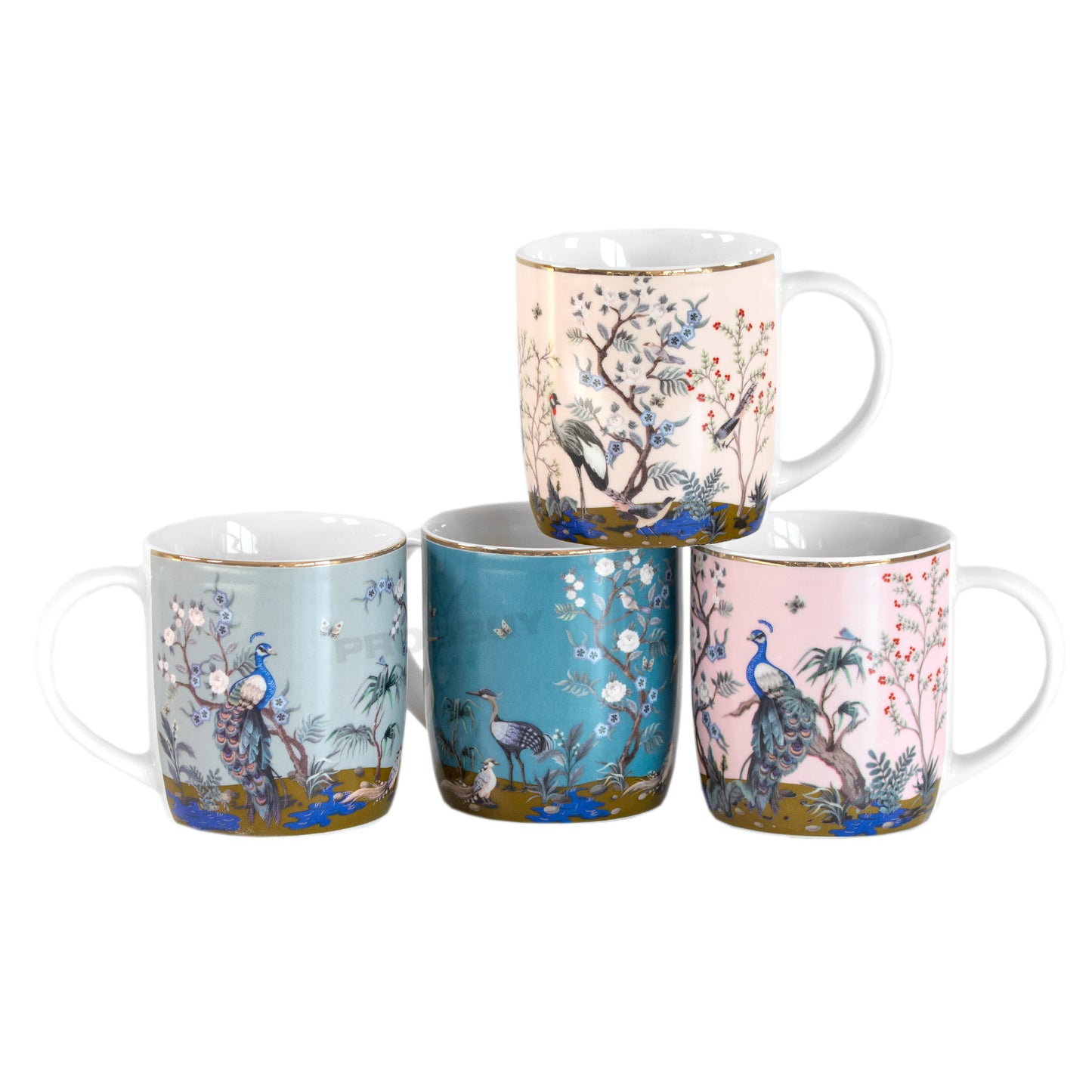 Mugs Set of 4 300ml Porcelain Exotic Birds Cups Tea Coffee Hot Drinks