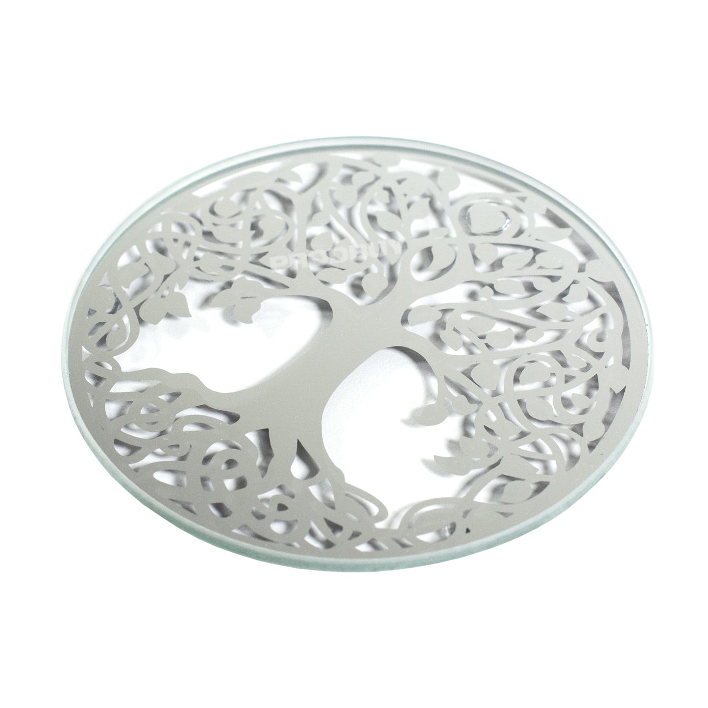 Round Mirrored Glass Tree of Life 10cm Candle Plate
