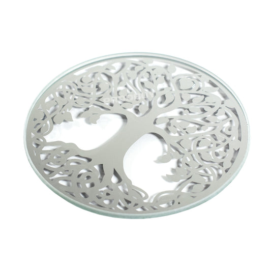 Round Mirrored Glass Tree of Life 10cm Candle Plate