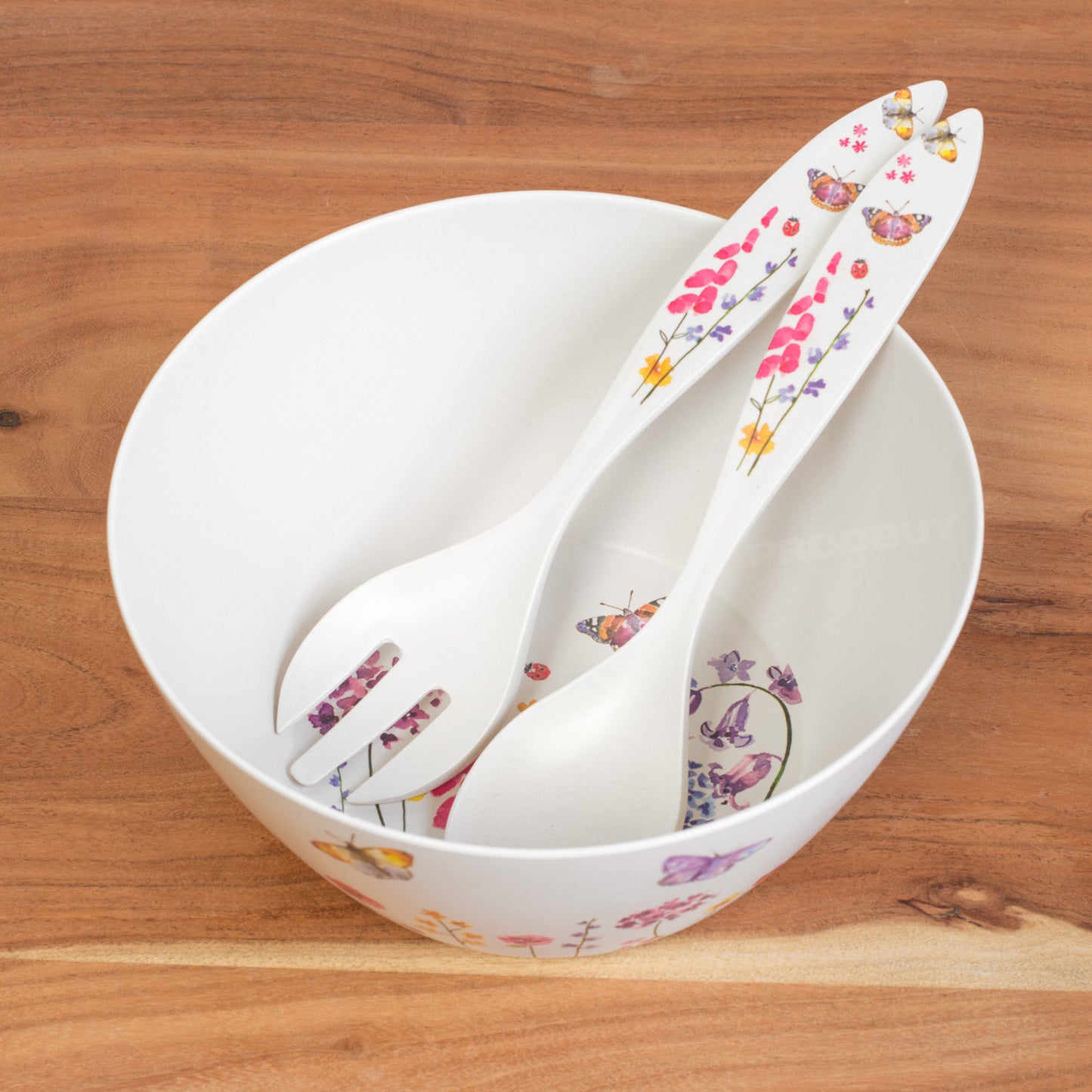 Large Round Butterfly Salad Serving Bowl Dish with Server Spoon Fork Set