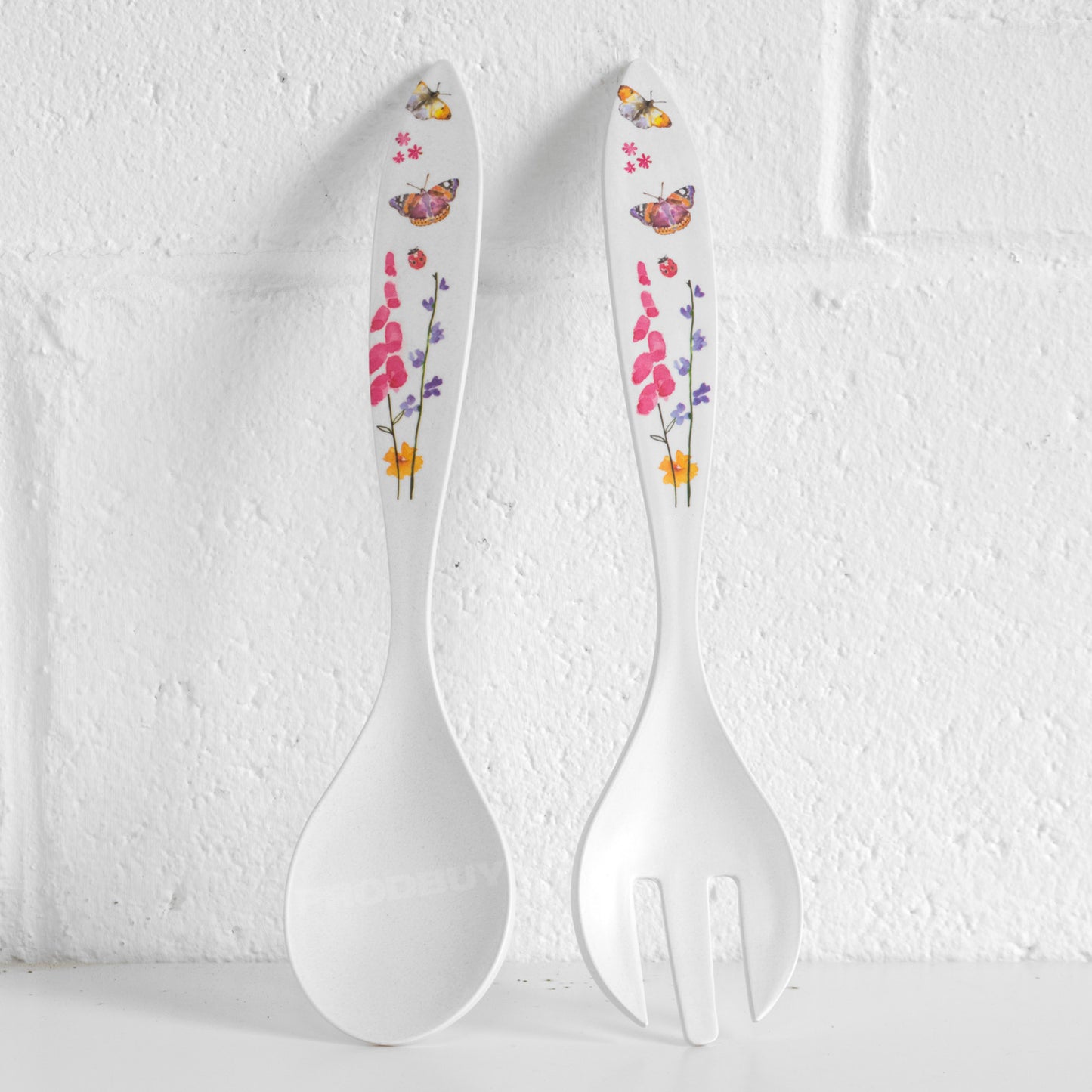Large Round Butterfly Salad Serving Bowl Dish with Server Spoon Fork Set