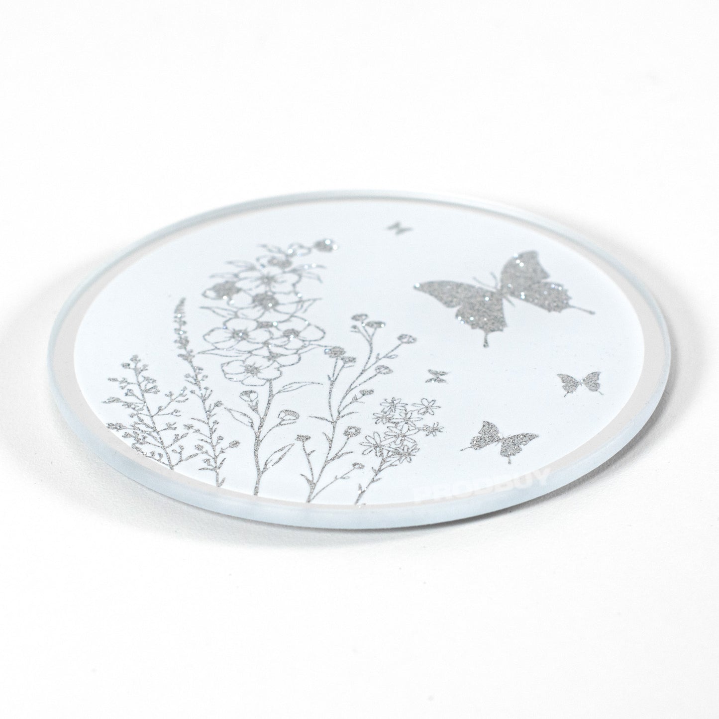Set of 4 Round 10cm Mirrored Glass Crushed Diamond Floral Butterfly Coasters