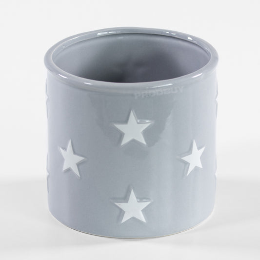 Grey Polka Dot White Stars Round Ceramic Plant Pot Cover Holder