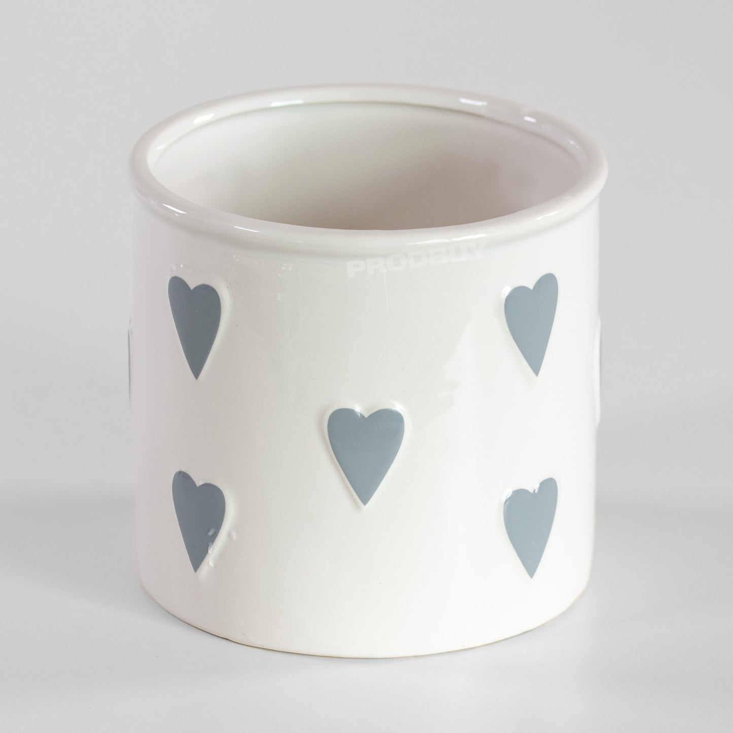 White Polka Dot Grey Hearts Round Ceramic Plant Pot Cover Holder
