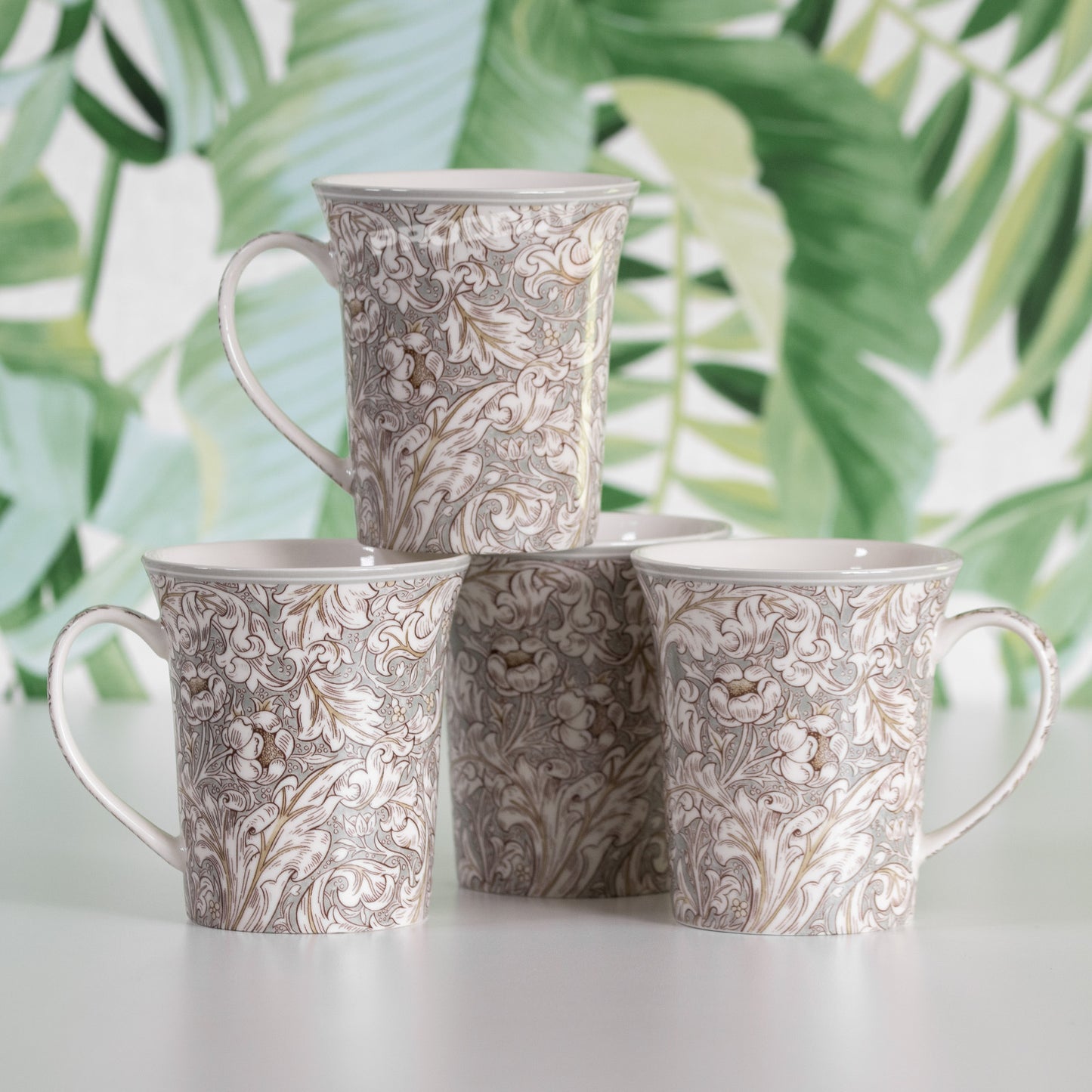 Set of 4 William Morris Bachelor's Button Fine China Grey Floral Mugs