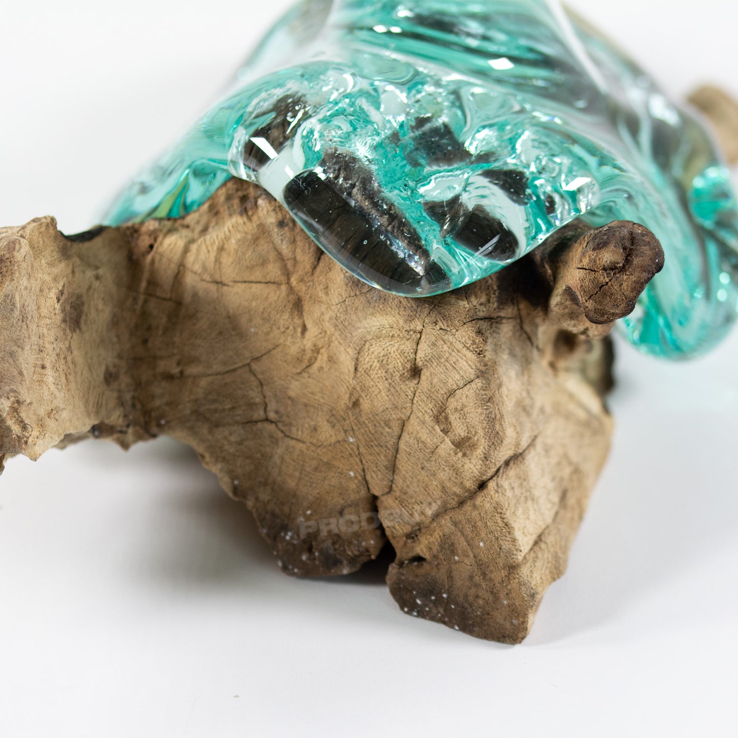 Molten Glass Flat Bottle Flower Vase with Teak Root Wood Base Stand