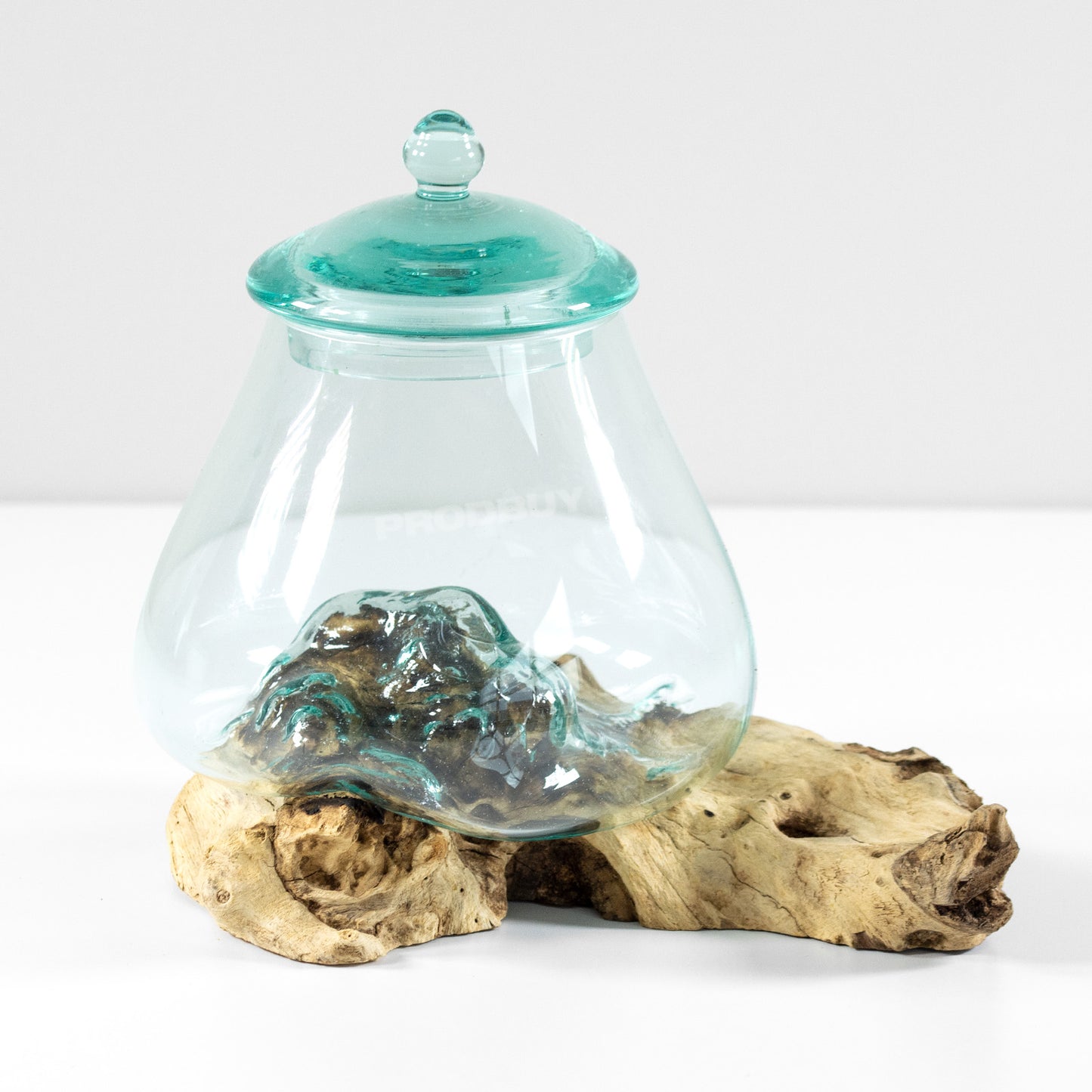 Molten Glass Cookie Jar on Teak Rood Wood Stand