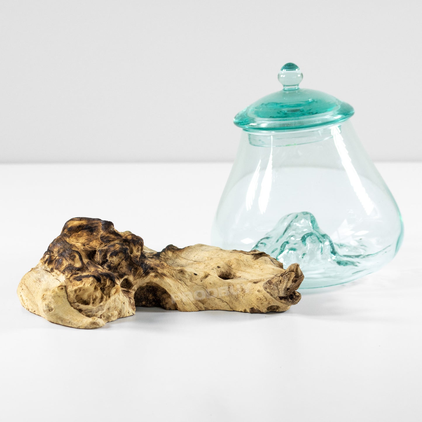 Molten Glass Cookie Jar on Teak Rood Wood Stand