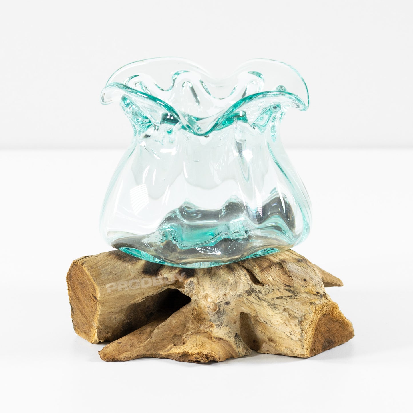 Crinkled Molten Glass Jar on Root Teak Wood Hand Made Plant Pot Storage Display Jar