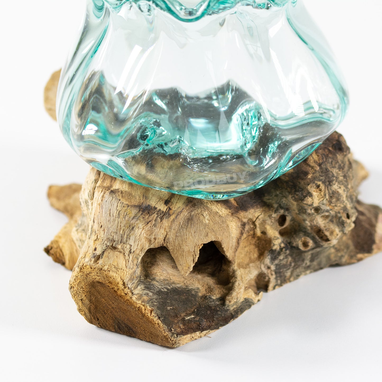 Crinkled Molten Glass Jar on Root Teak Wood Hand Made Plant Pot Storage Display Jar