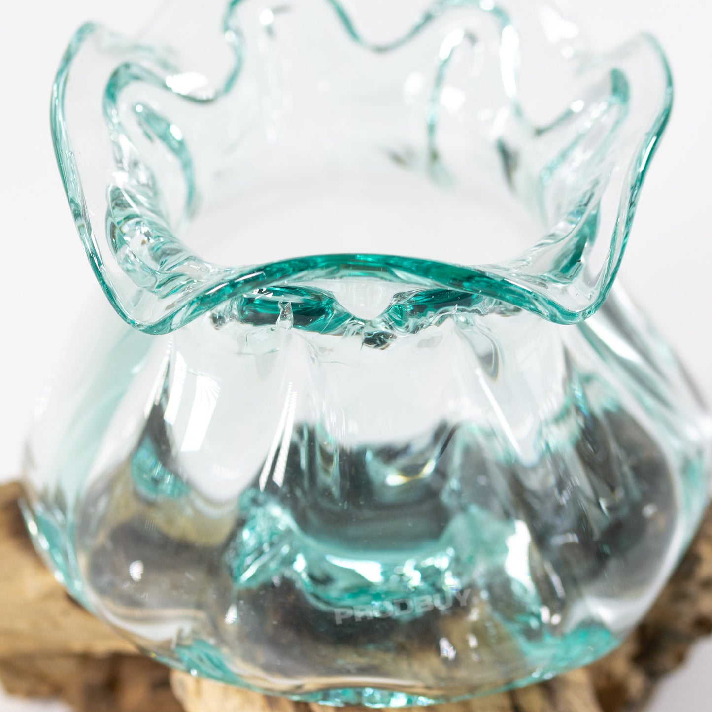 Crinkled Molten Glass Jar on Root Teak Wood Hand Made Plant Pot Storage Display Jar