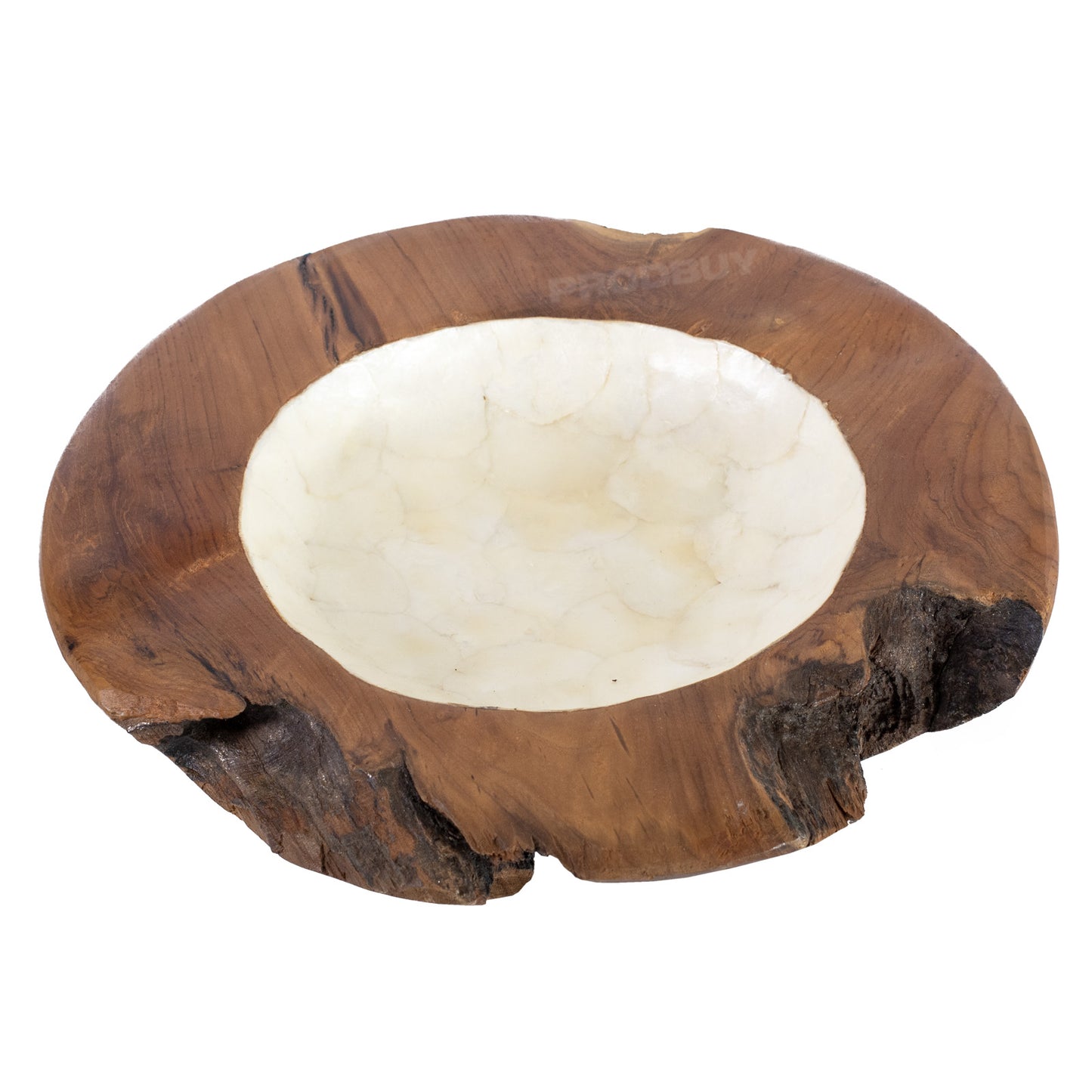 Pearl & Teak Root Wood Display Bowl 40cm White & Hand Carved Wooden