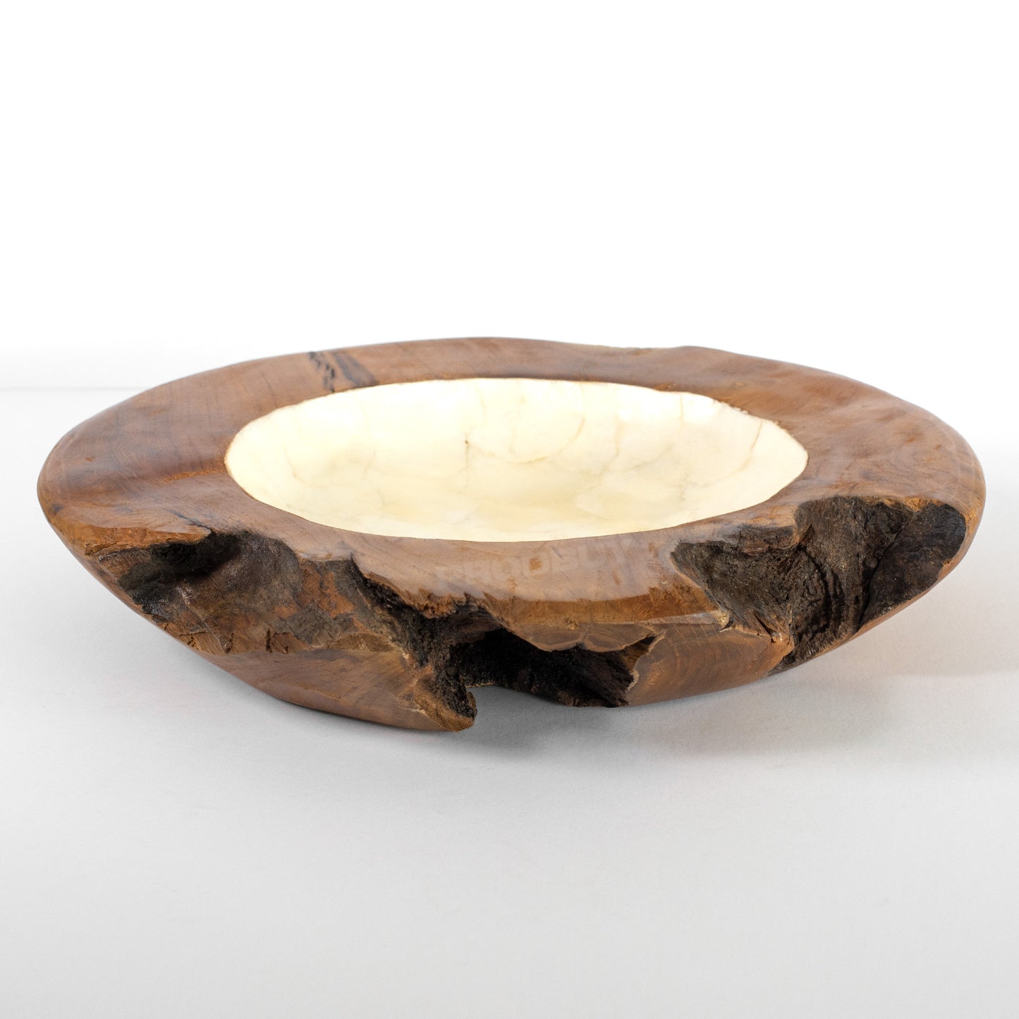 Pearl & Teak Root Wood Display Bowl 40cm White & Hand Carved Wooden