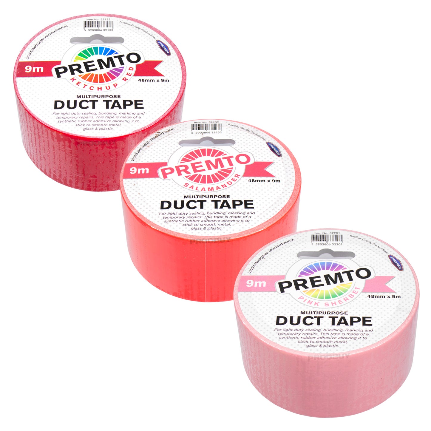 Set of 3 Rolls of Colour Duct Tape 48mm x 9m - Red & Pink Shades