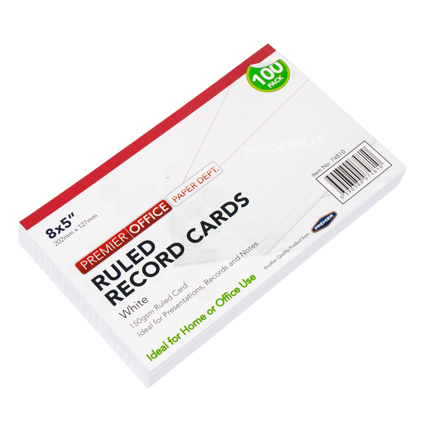 Pack of 100 Record Index Cards 8" x 5" Lined White Revision Sheets