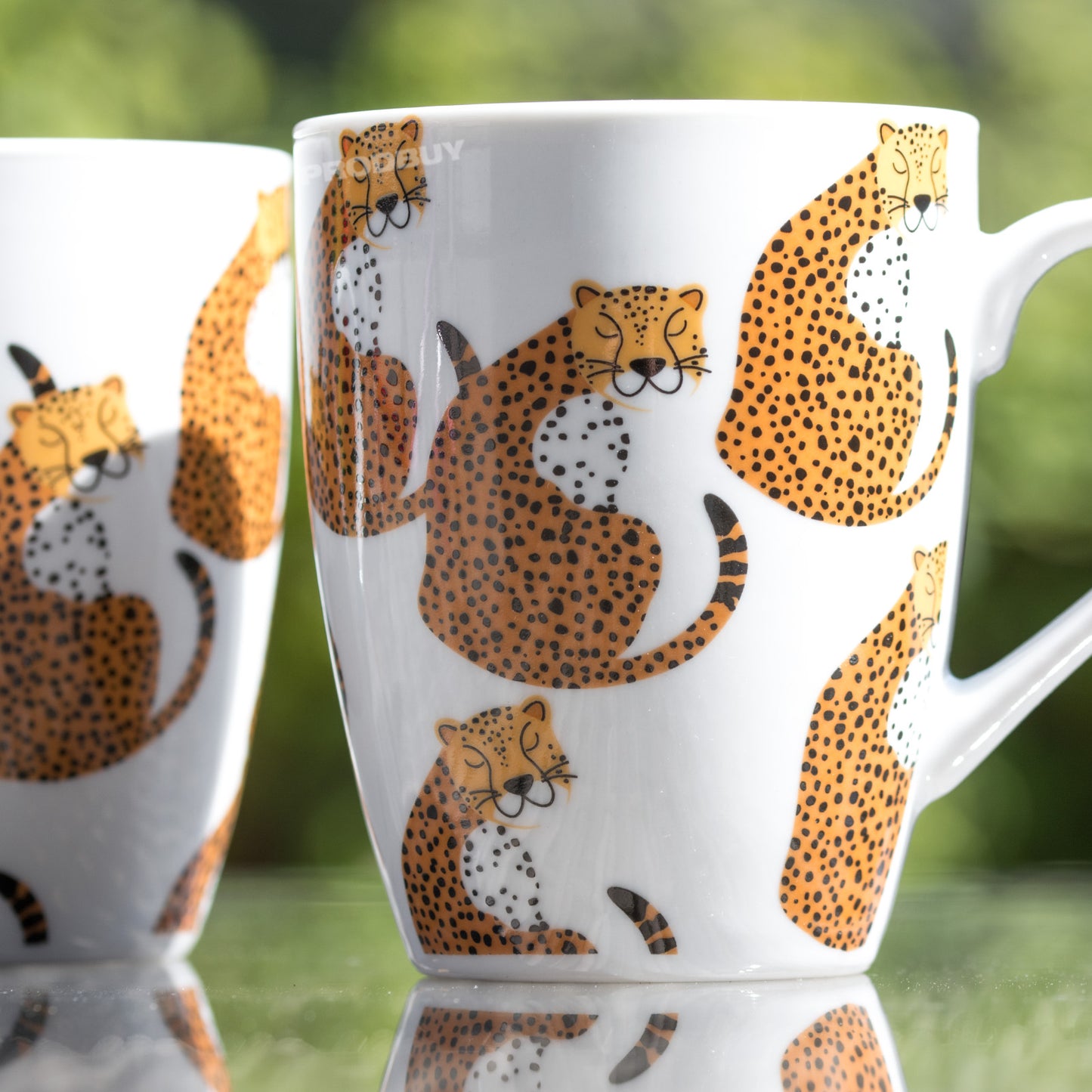 Set of 2 Coffee Mugs 11oz White Fine Porcelain with Cheetah Pattern