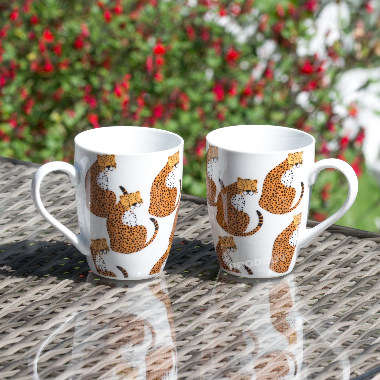 Set of 2 Coffee Mugs 11oz White Fine Porcelain with Cheetah Pattern